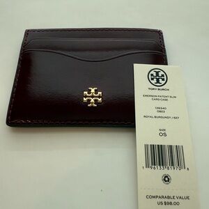 Tory Burch Emerson Patent Leather Slim Card Case Royal Burgundy NWT